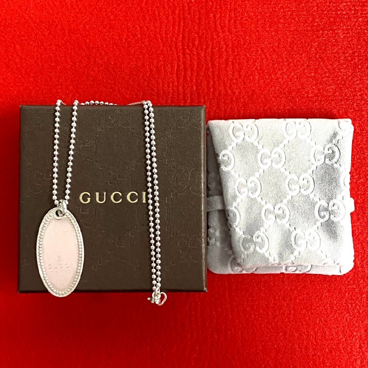 極 美品 箱 袋付 希少品 GUCCI グッチ オーバル タグ ネックレス シルバー925 ネックレス ペンダント アクセサリー シルバー 43040拍卖