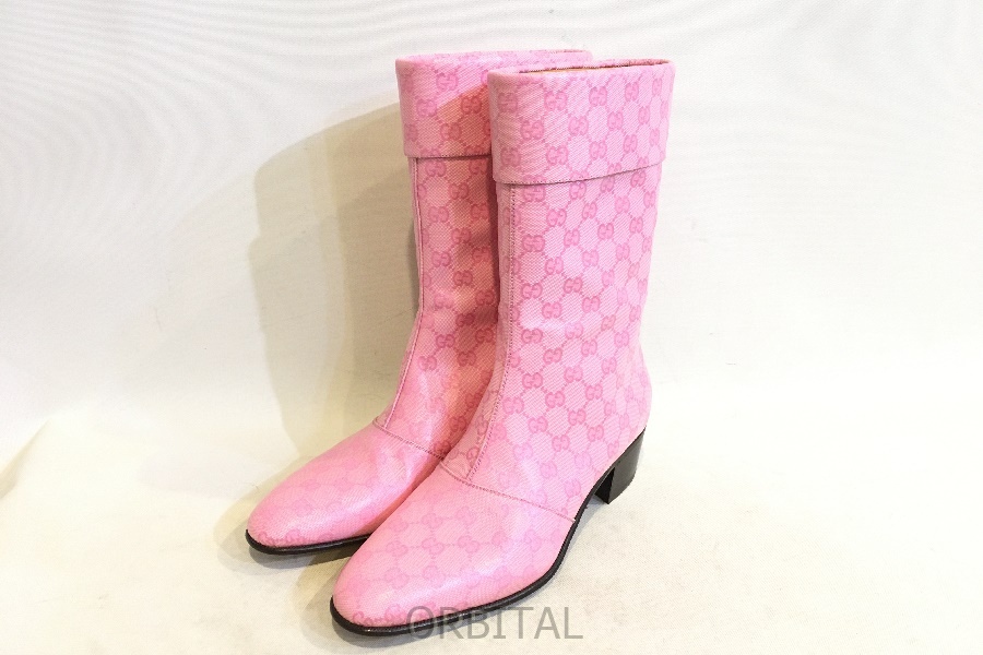 二子玉)GUCCI グッチ 未使用 GGスプリームPVCブーツ 760474 モノグラム 柄 ピンク ミディアム メンズ 9 28cm拍卖
