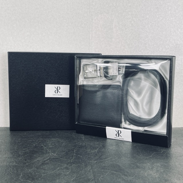 未使用 カルロパラッツィ ベルト 二つ折り財布セット 牛革 ブラック CPG202 CARLO PALAZZI /511130在★3拍卖
