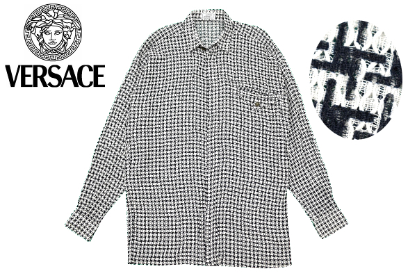Y-8373★送料無料★美品★GIANNI VERSACE ジャンニ ヴェルサーチ★イタリア製 メデューサボタン釦 千鳥格子 織生地 長袖 シャツ M 48拍卖
