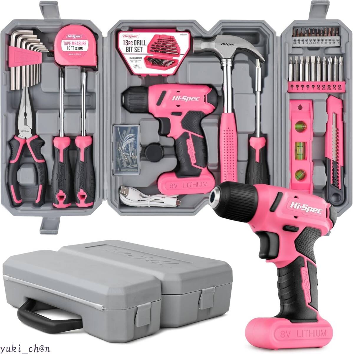 工具セット 電動ドリル付き ピンク 58点 8V USB 電動ドリルドライバー 小型 家庭用 便利工具 DIY 電動工具セット 収納ケース付き拍卖