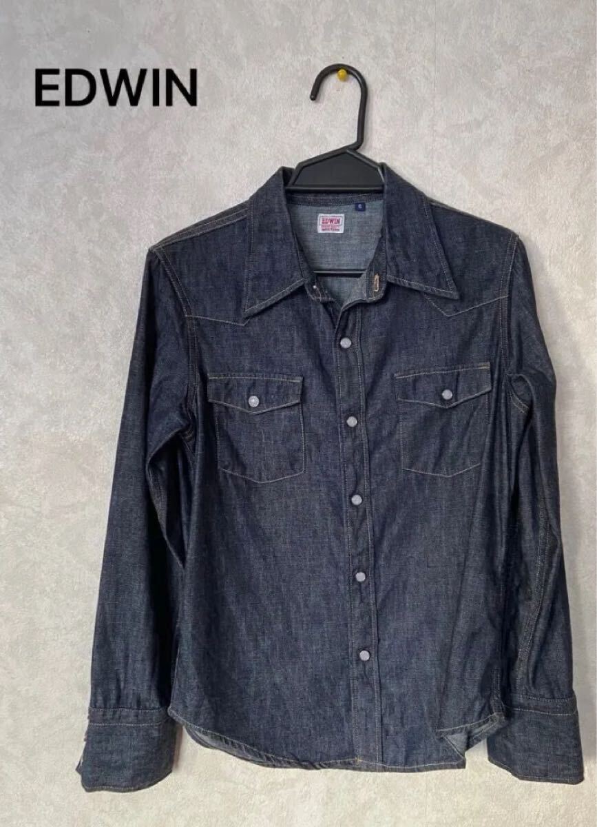 EDWIN レディース トップス デニムシャツ 長袖シャツ S ネイビー拍卖