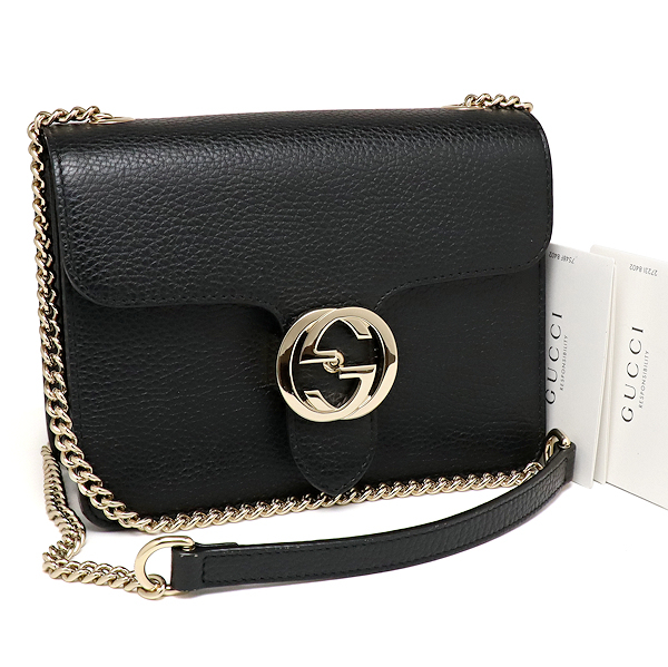 美品 グッチ インターロッキングG チェーンショルダーバッグ 510304 レザー ブラック GUCCI拍卖