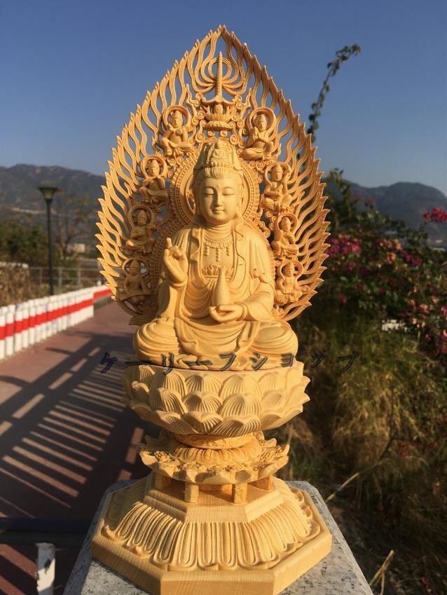 【ケーリーフショップ】総檜材 木彫 仏像 観音菩薩 坐像 桧木 手彫り 仏教美術拍卖