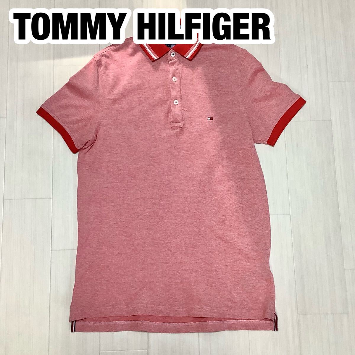 TOMMY HILFIGER トミーヒルフィガー 半袖ポロシャツ S レッド ホワイト 霜降り フラッグロゴ拍卖