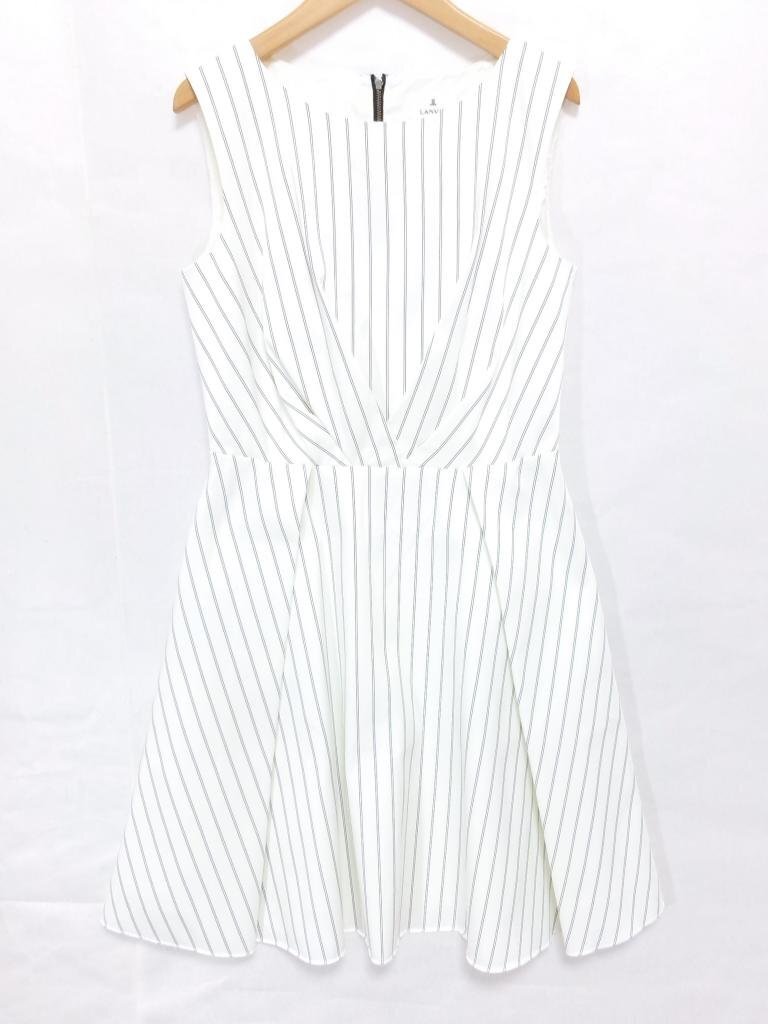 【送料込】 LANVIN en Bleu ランバンオンブルー ワンピース ホワイト 白 ストライプ ノースリーブ 日本製 size38 M 大人フェミニン/966204拍卖