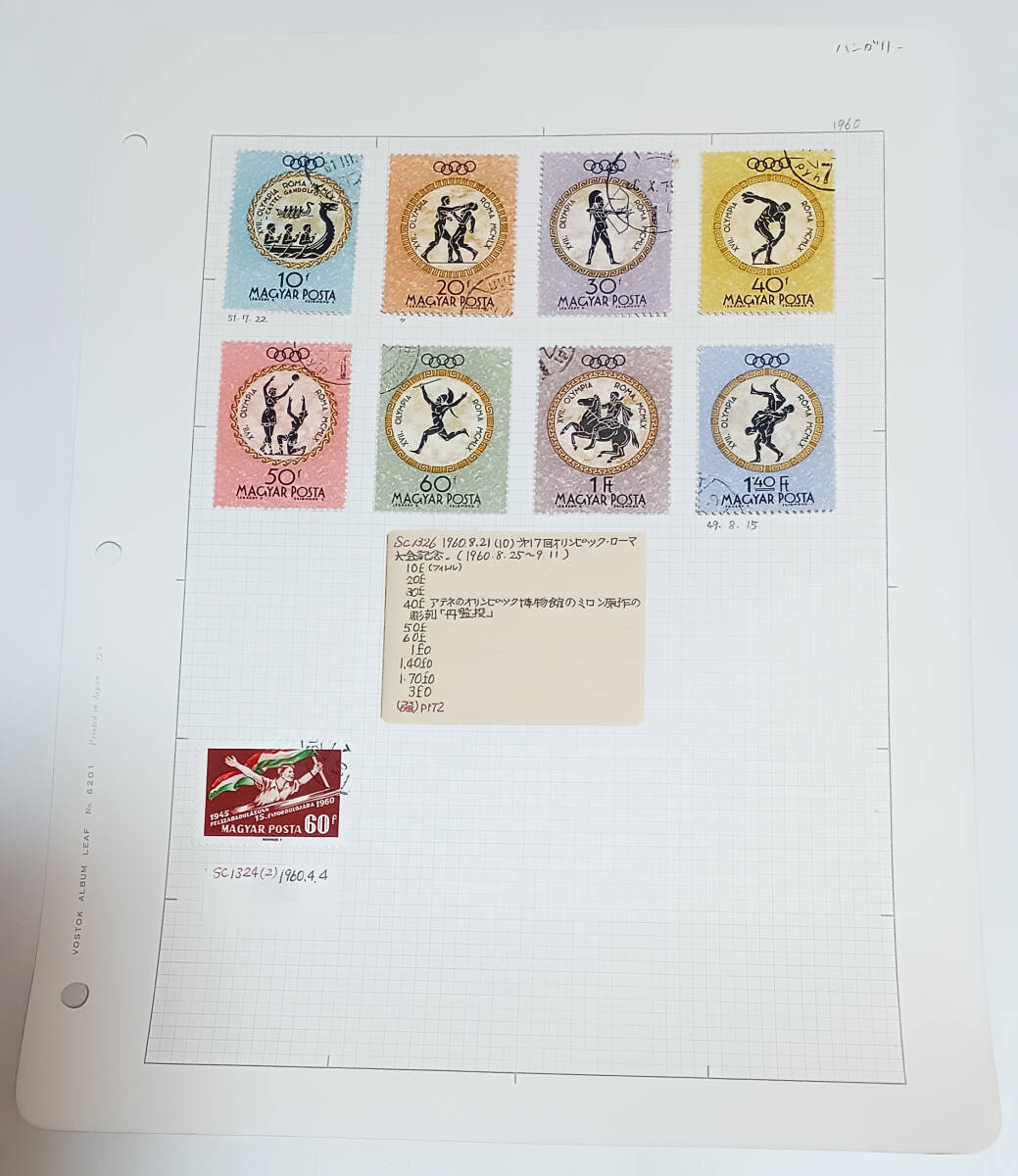 ハンガリー第7回オリンピックローマ大会記念切手他 使用済 9枚 長期保管品拍卖