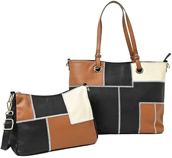 未使用 2ケセット トートバッグ パッチワーク デザイン トート バッグ レディース 大容量 ビジネス PUレザー ネイビー 旅行 リクルート拍卖