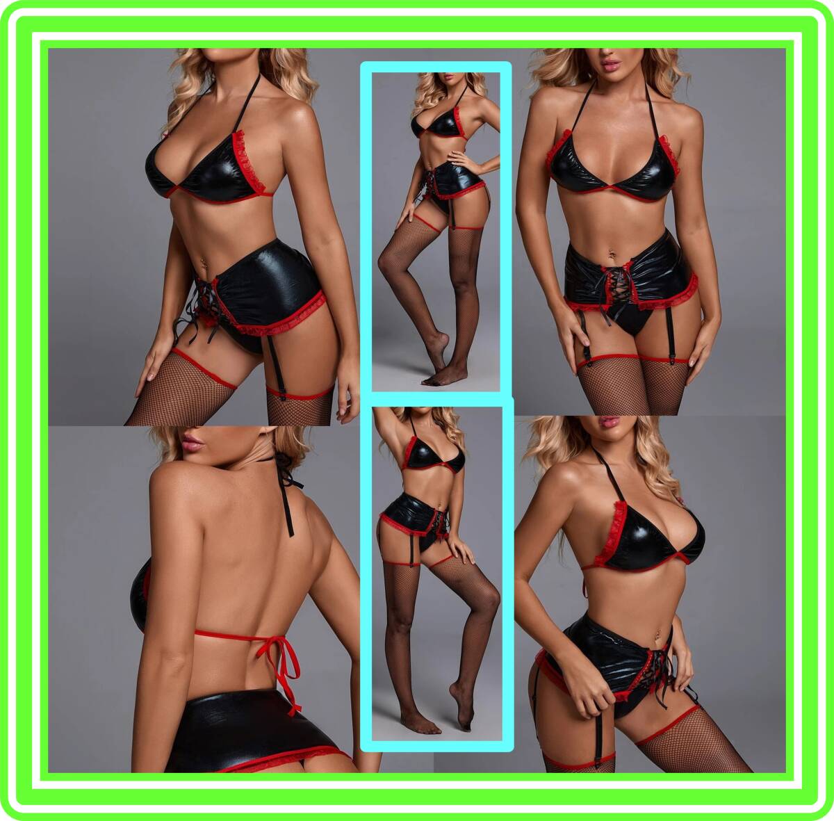 ★超素敵★ガーターデザインコスチュームセット★フェイクレザー★ブラック/レッド★ストッキング付★編み込み★スカートガーター★V52拍卖