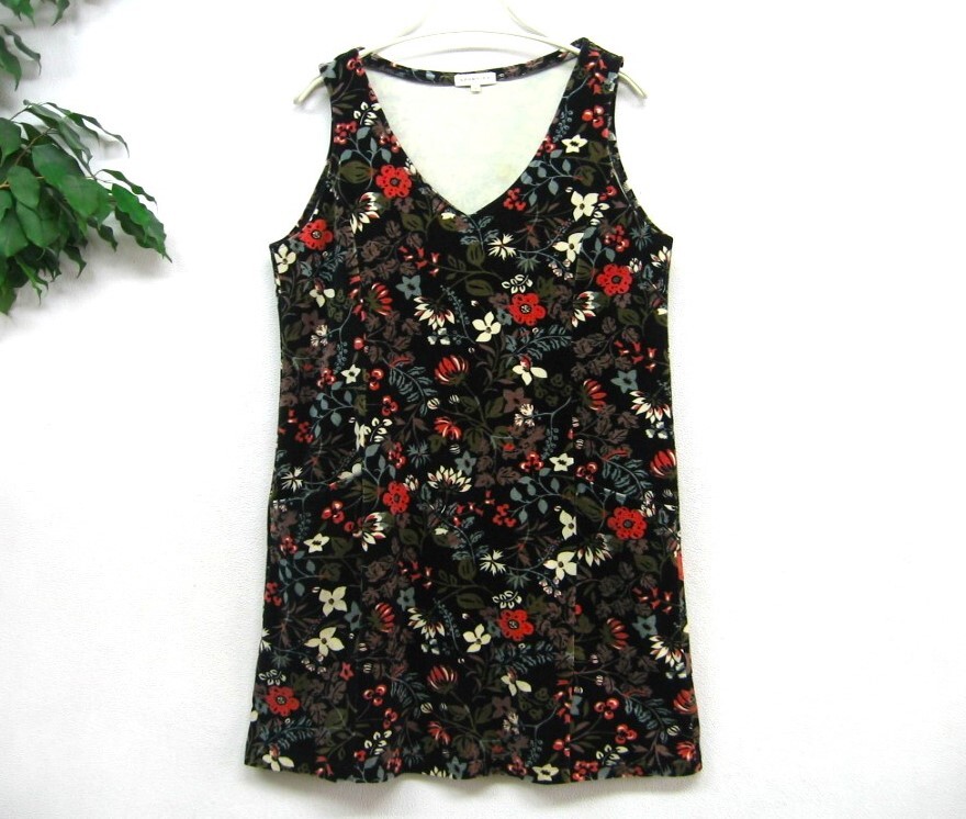 SPORTIFF スポーティフ 日本製 ★ 美フラワープリント♪ ベロアチュニック S ロングベスト 花柄 黒ブラック系拍卖