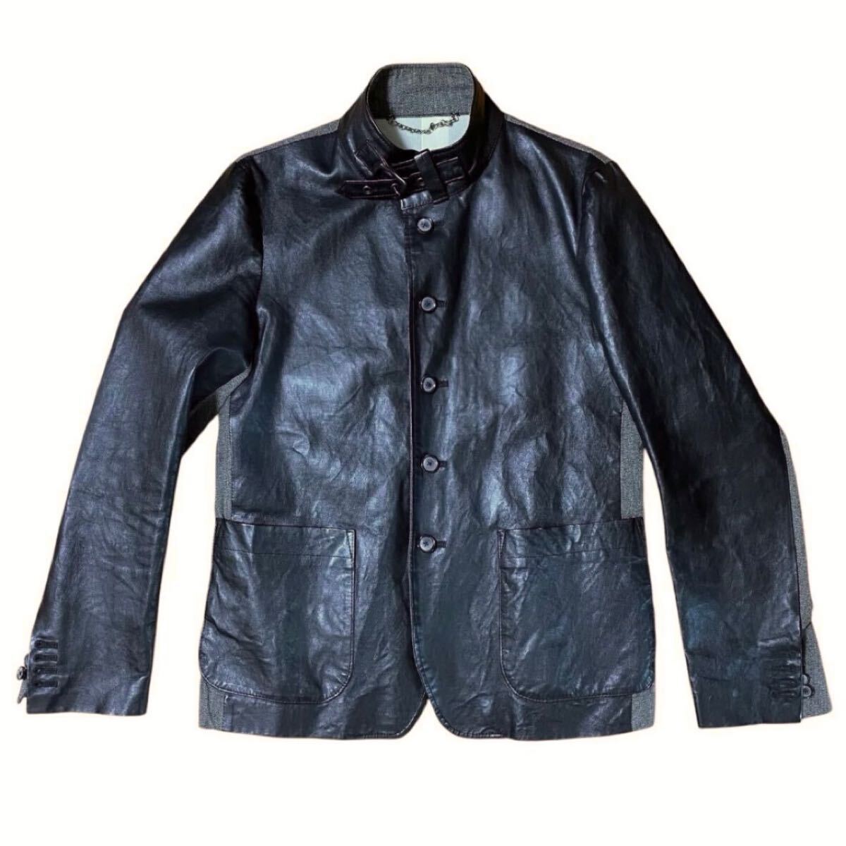 【ミハラヤスヒロ MIHARA YASUHIRO レザー × コットン ジャケット 長袖シャツ 44 羊革 アウター ブルゾン ブラック グレー ドッキング】拍卖