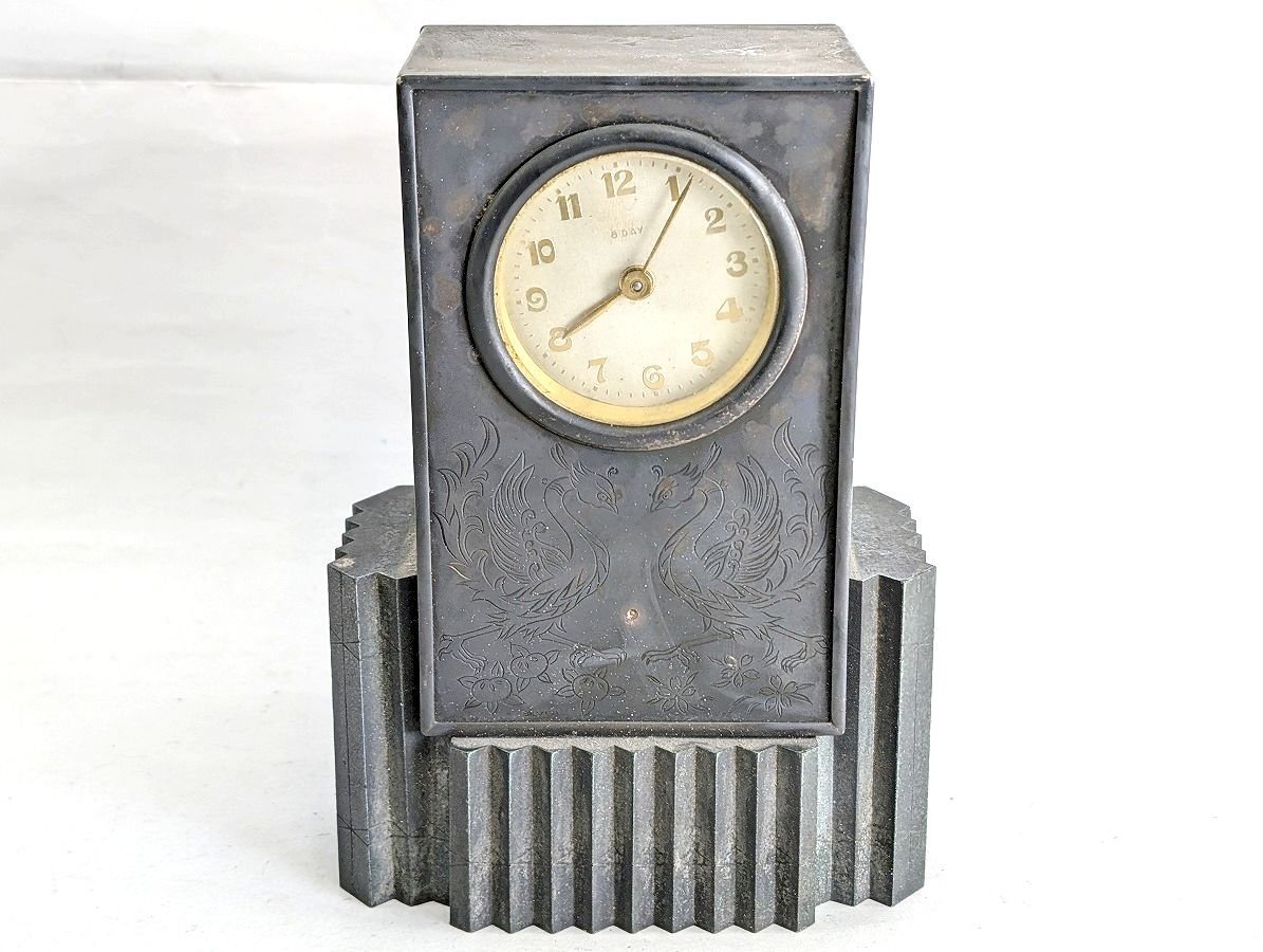 希少 レア 東京銀座 山崎謹製(現田中貴金属)銀製品 鳳凰 星Sマーク SV刻印 置き時計 アンティーク 不動 総重量 約1783g[03-5474拍卖