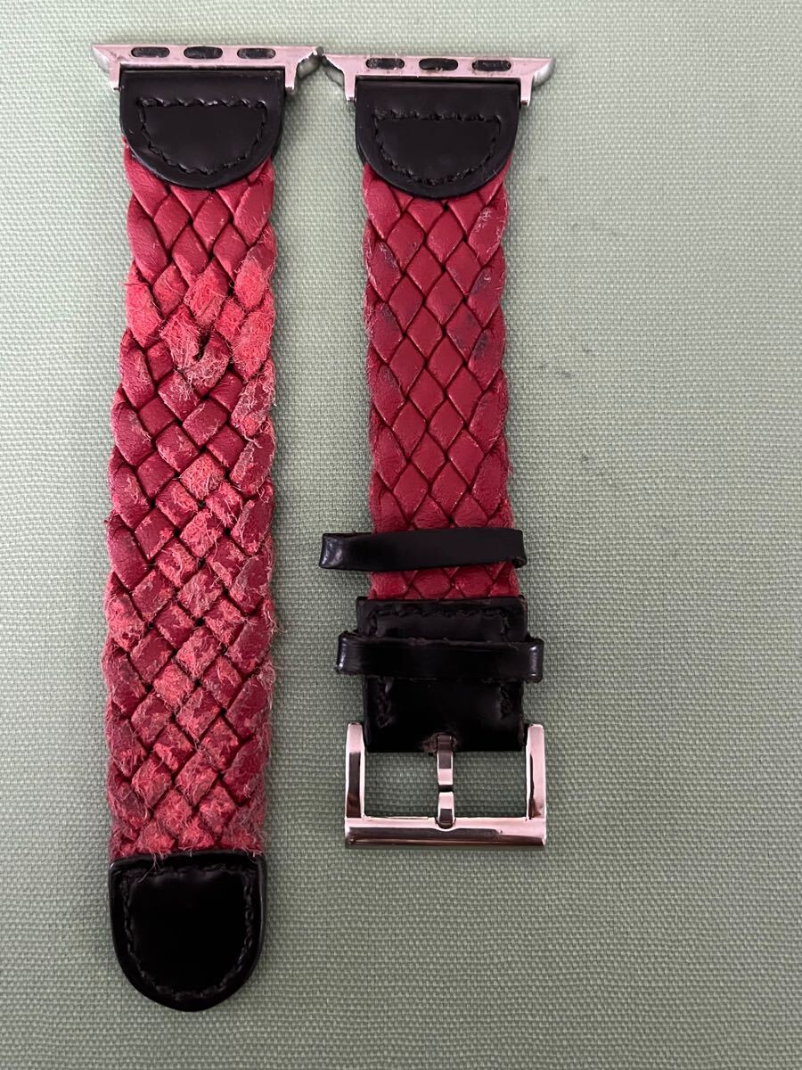 AppleWatch アップルウォッチ 替えベルト 赤革 赤編み込み レザーベルト拍卖