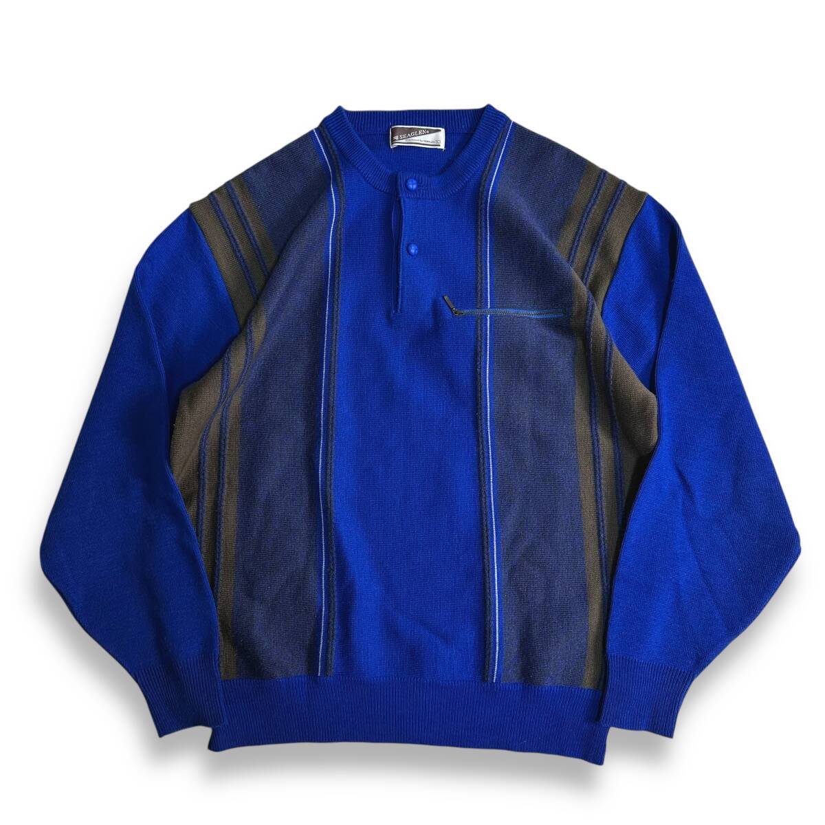 【SEAGLEN】VINTAGE 80s 90s ヘンリーネック レトロニット オールド ビンテージ古着 ブルー日本製 昭和レトロ拍卖