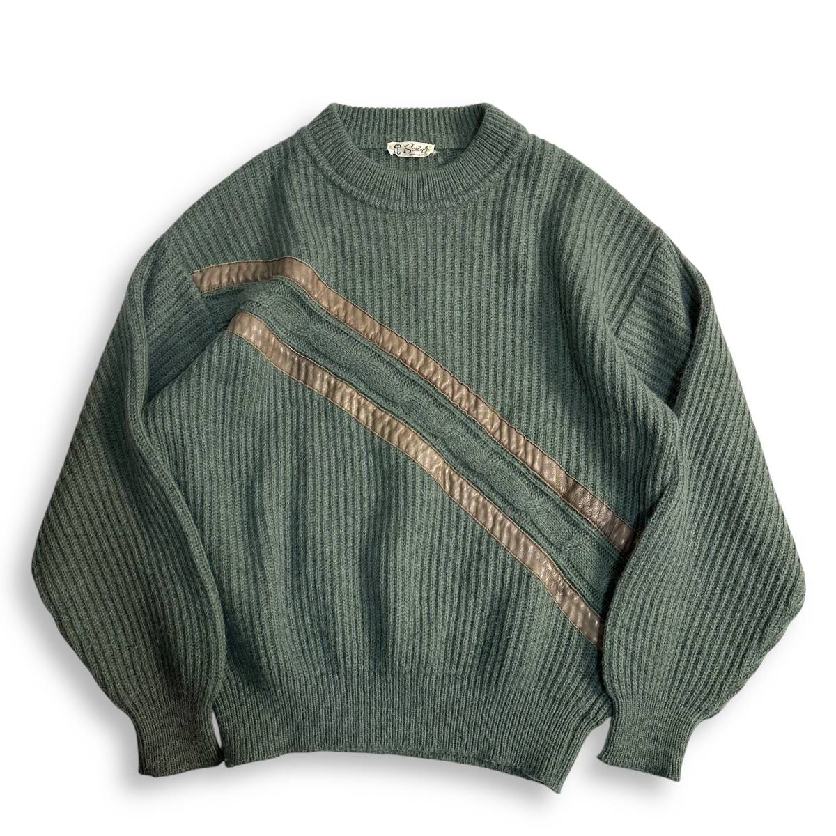 【scalal】Euro vintage 80s 90s レトロニット ケーブル編み 古着 レザーライン入り 肉厚セーター 拍卖