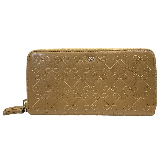 ANYA HINDMARCH アニヤハインドマーチ 財布 長財布 ロングウォレット ラウンドファスナー リボン レザー ベージュ拍卖