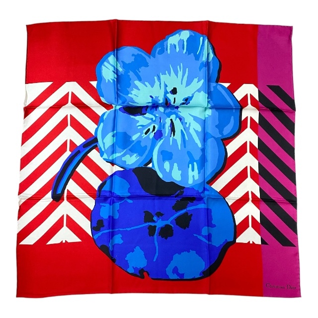 【美品】クリスチャン ディオール ストール ショール スカーフ アクセサリー 小物 D-フラワー ポップ 総柄 シルク レッド マルチカラー拍卖