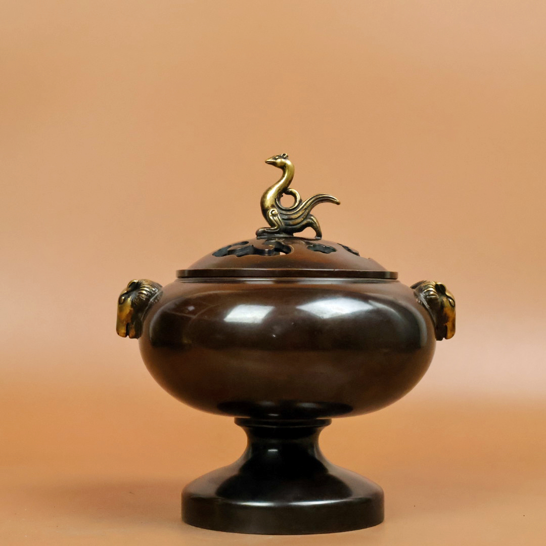 『明代・大明宣德年製款・宮廷御製・紫銅流金彫・羊耳熏香炉・鳳炉蓋・炉・香道』極細工・時代物・東洋彫刻・古賞物・中国古玩・中国古美術拍卖