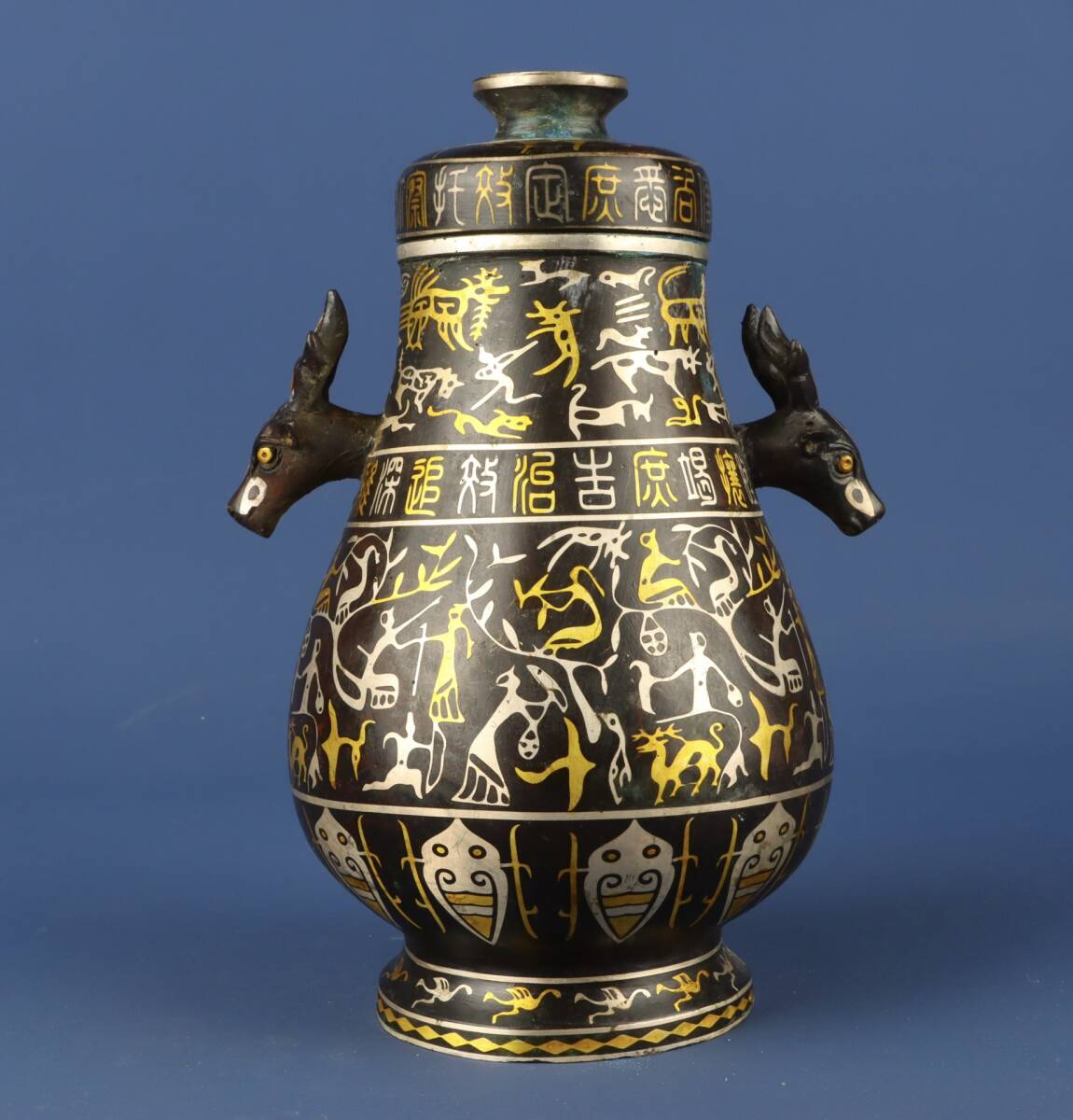 『漢代・館蔵珍品・古青銅器彫・錯金銀・鹿耳元瓶・文案置物』極細工・東洋彫刻・骨董品・古賞物・中国古玩・中国古美術拍卖