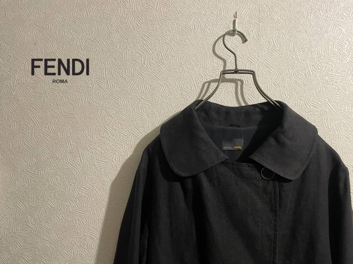 ◯ イタリア製 FENDI リネン トレンチ コート / フェンディ フレア ギャザー ドレープ ロング ブラック 黒 42 Ladies #Sirchive拍卖