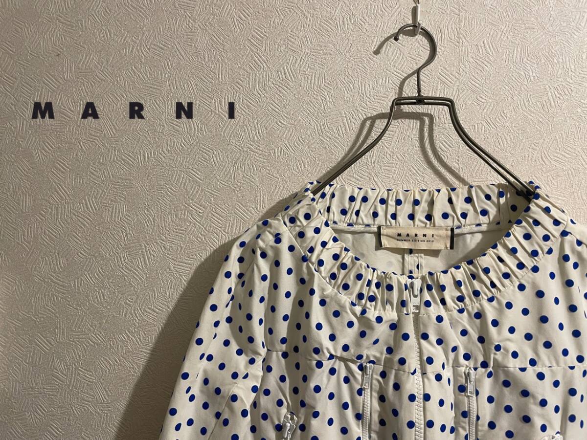 ◯ MARNI フロッキー ドット ラウンドネック ジャケット / マルニ ブルゾン 水玉 ポルカ ジップ ホワイト ブルー 白 40 Ladies #Sirchive拍卖