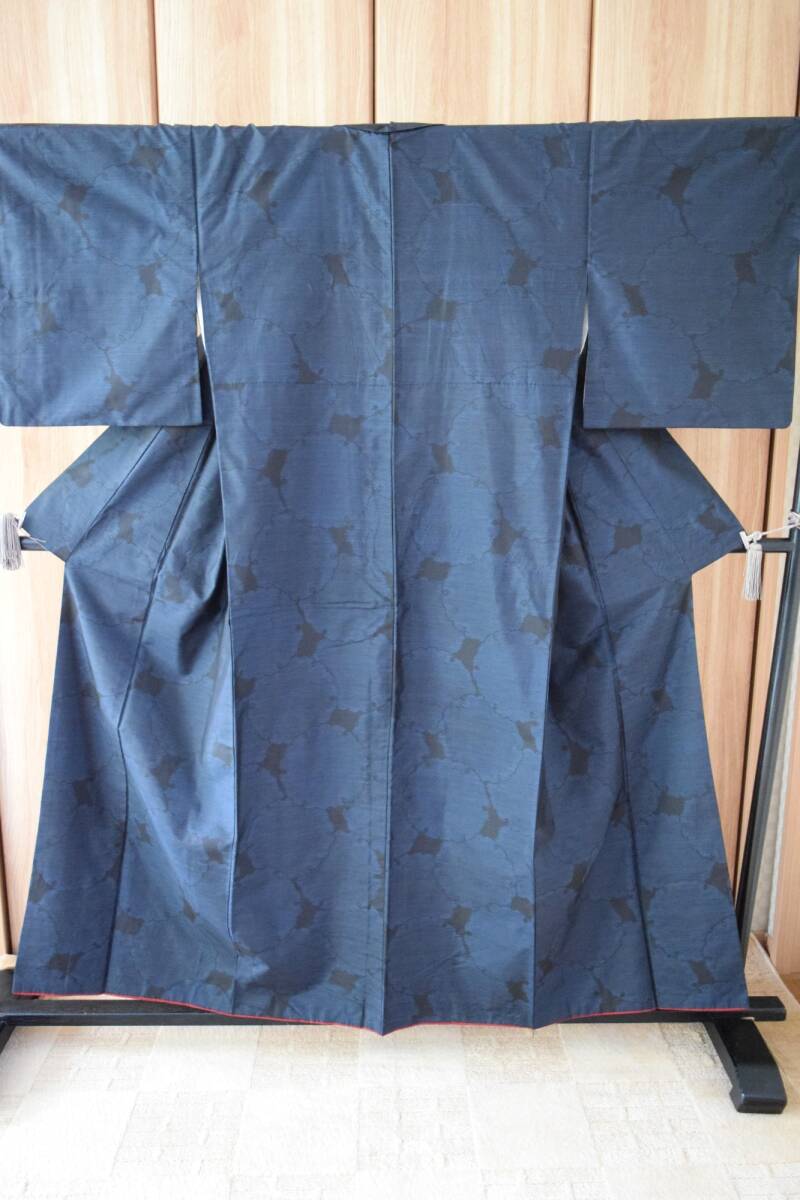 ◆本場大島紬 藍染 雪輪 袷 広衿 証紙付き 残布あり◆USED品拍卖