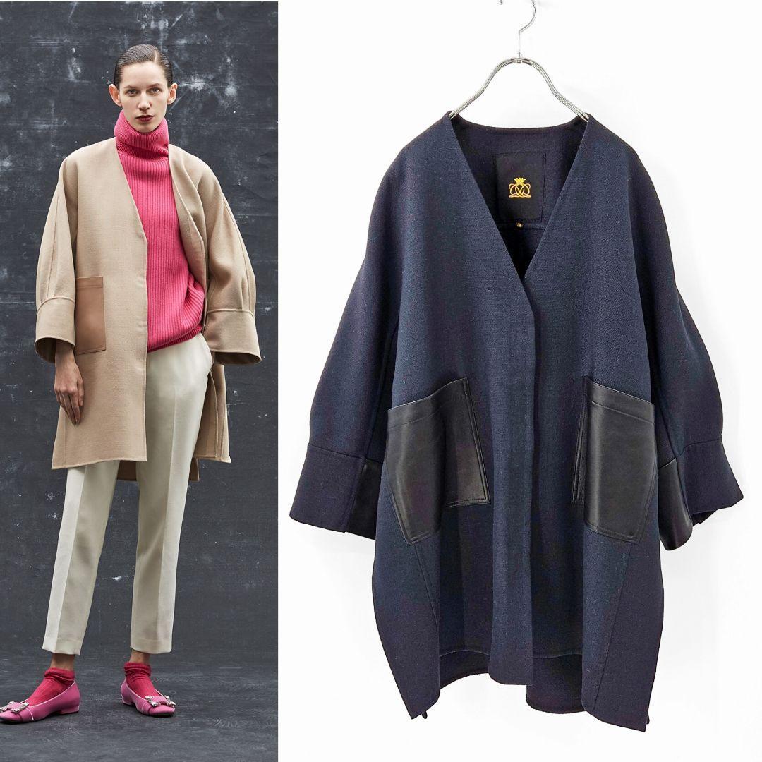 【新品同様】ドゥロワー レザー ダブルフェイス ノーカラー ネイビー 2021 Drawar リバーコート 21AW オックス 参考価格 198600円拍卖