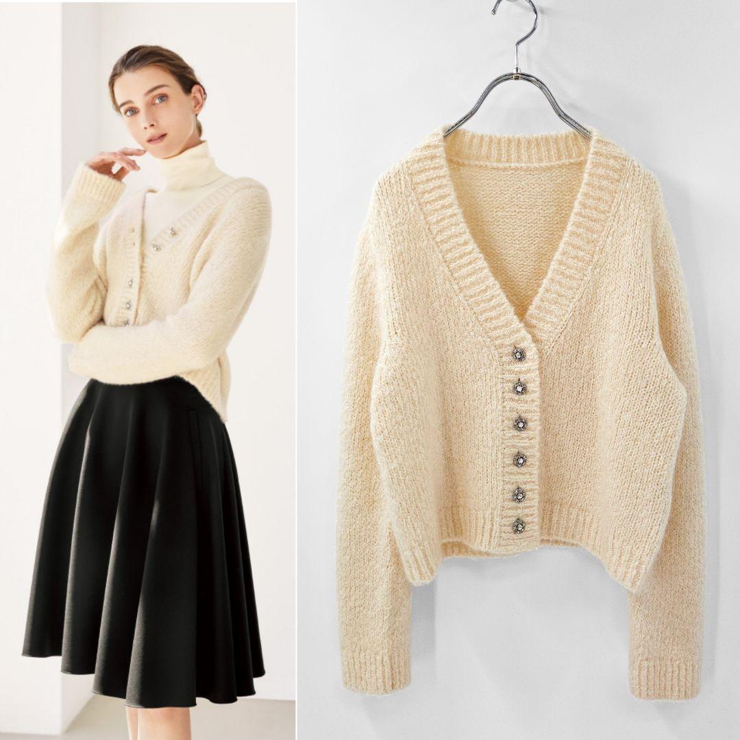 【新品同様】フォクシー スターリームーン カシミヤ 2021 カーディガン Starry Moon ビジュー シルク モヘア FOXEY アイボリー拍卖