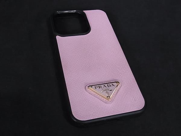 ■美品■ PRADA プラダ サフィアーノレザー iPhone13 Pro対応 アイフォンケース スマホケース ピンク系×ブラック系 FF1287拍卖