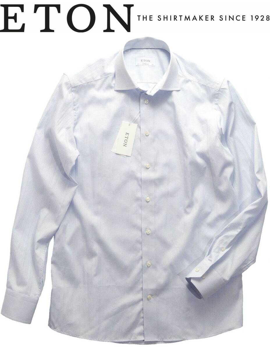 通年物48,000円新品スウェーデン最高級シャツETONイートン★着心地も上質、見た目も上質。プレミアムコットン伸縮シャツ薄青【39cm=日本M拍卖
