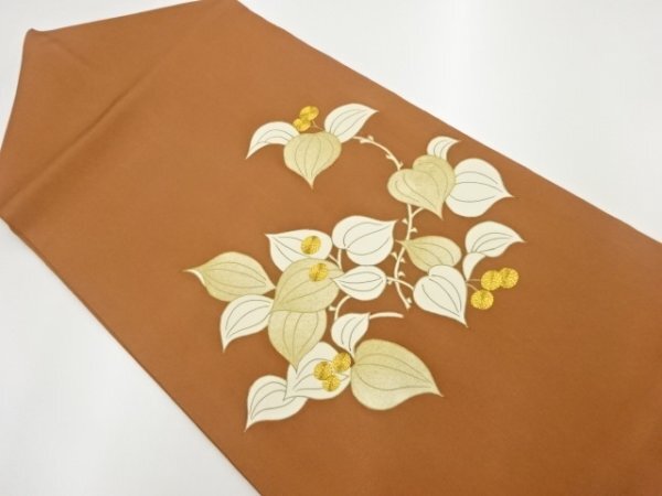 ys7275125; 宗sou 金駒刺繍塩瀬実に葉模様織出し名古屋帯【着】拍卖