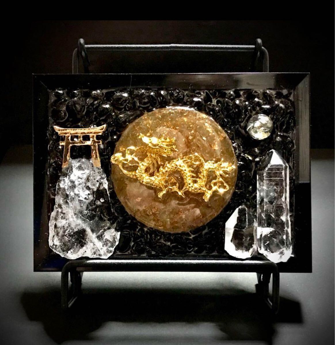 ◇満月の夜に舞う龍◇鳥居◇オブジェ◇オブシディアン◇シトリン◇水晶◇額縁タイプ◇拍卖