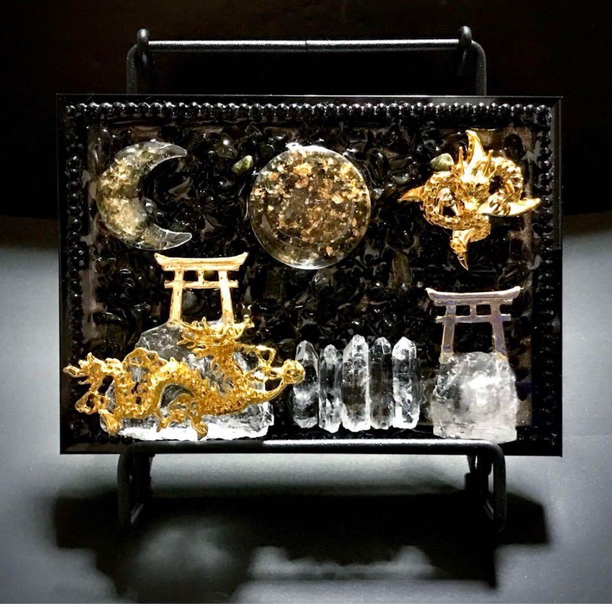 月夜に舞う龍鳥居オブジェオブシディアンシトリン水晶額縁タイプ拍卖