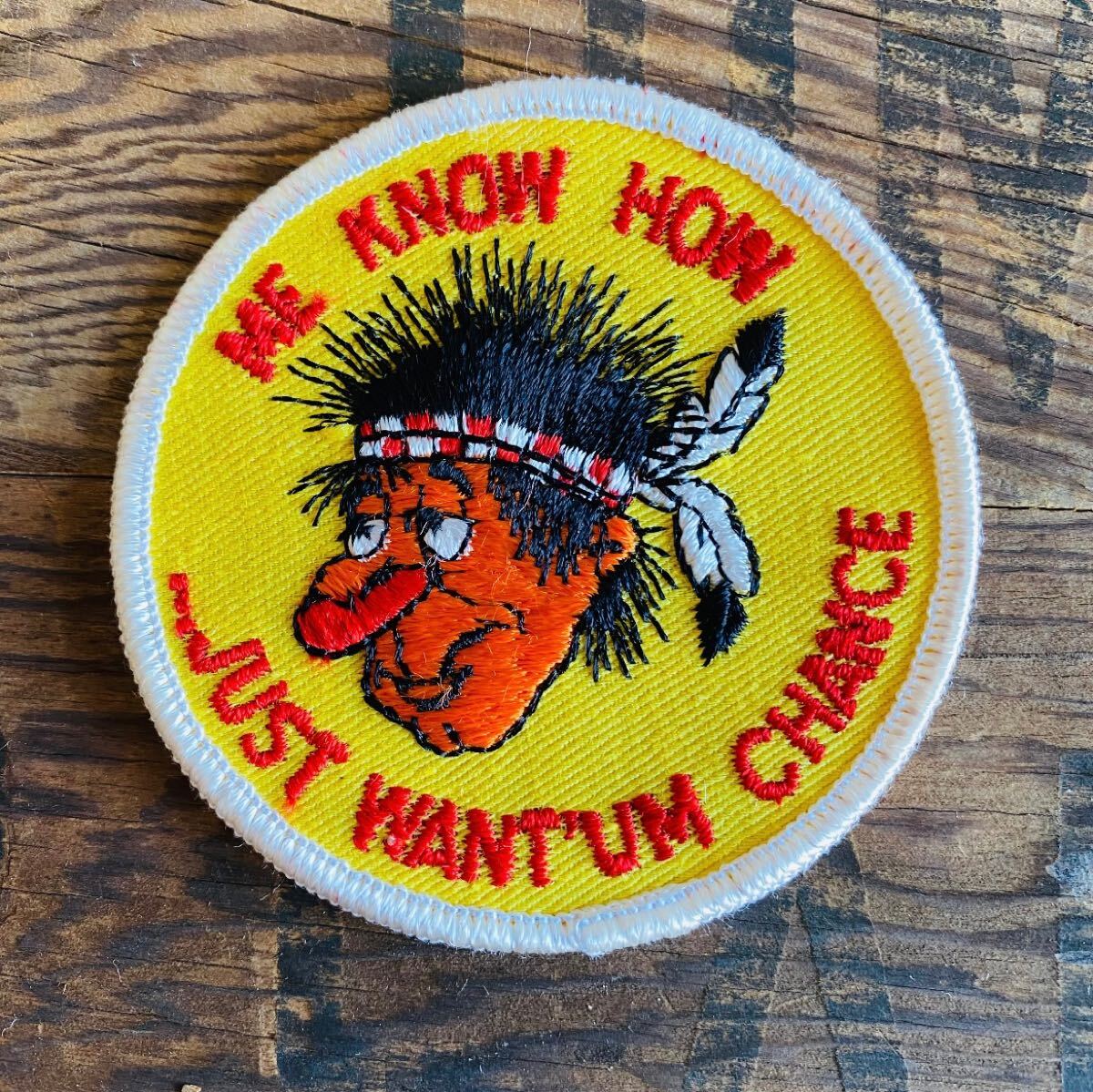 【USA vintage】ワッペン me know how …just watn’em chance インディアン イエロー アメリカ ビンテージ拍卖
