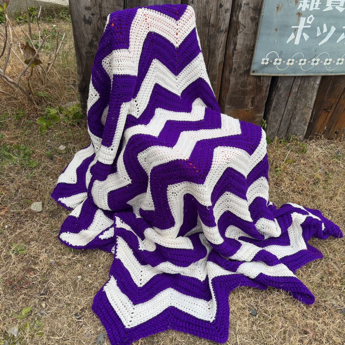 【USA vintage】granny blanket グラニーブランケット パープル ×ホワイト 紫×白 膝掛け ラグ アメリカ ビンテージ拍卖