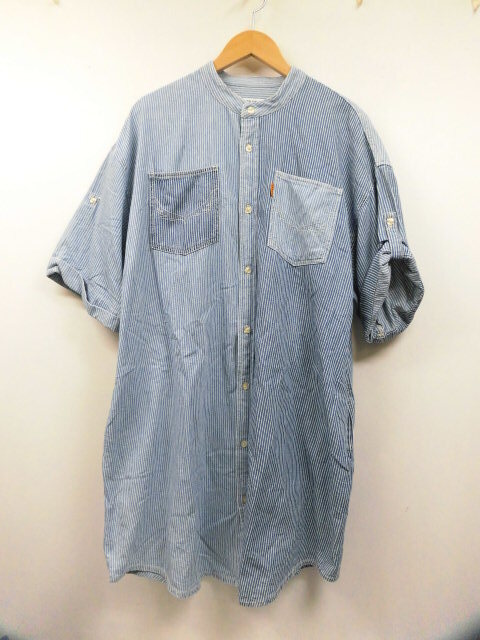 RODEO CROWNS ロデオクラウンズ RCWB ストライプ デニムシャツワンピース 半袖 5分袖 ロングシャツ 胸ポケット ブルー 青 フリーサイズ拍卖