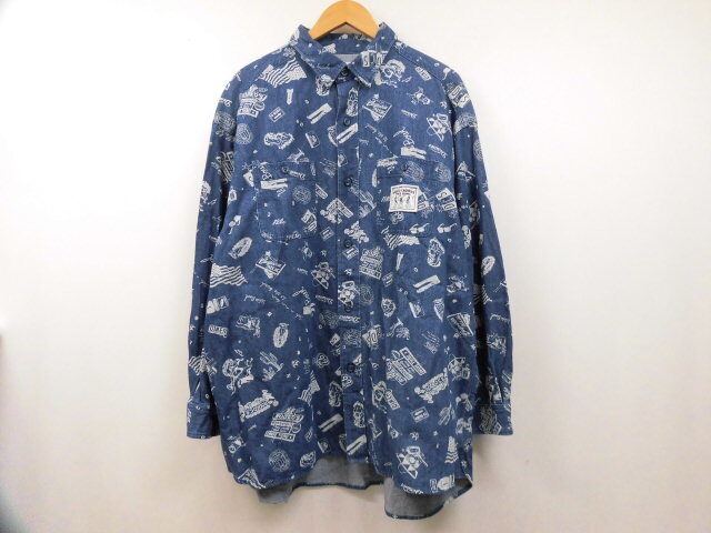 RODEO CROWNS ロデオクラウンズ RCWB 総柄 デニムシャツ ロングシャツ 胸ポケット 長袖トップス オーバーサイズ インディゴブルー 青 F拍卖