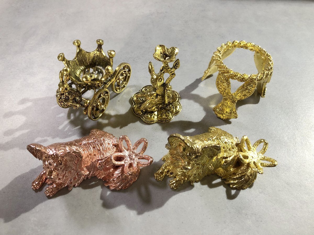 OK10107◇置物 インテリア 小物 水晶台座 うさぎ 親子 パピヨン ゴールドカラー ピンクゴールドカラー 5点セット 【中古】250120拍卖