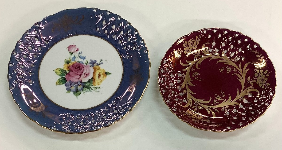送料無料◆大橋陶器 OHASHI CHINA 金彩 穴あきプレート 金彩 穴あきプレート 薔薇模様 大小 中古品ランクA拍卖