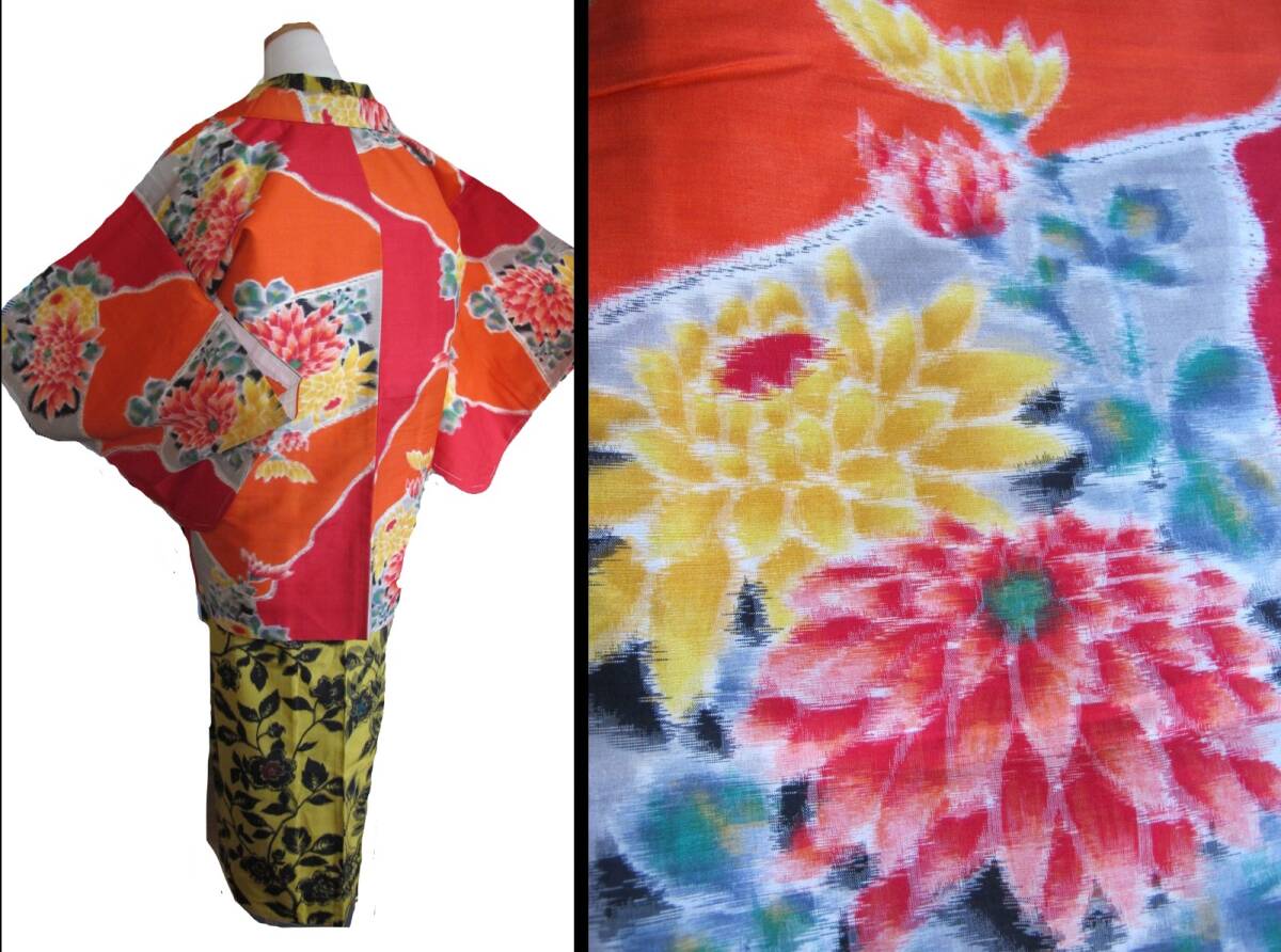 鮮やか 切り嵌めに菊花 アンティーク銘仙羽織 美品 レターパック可拍卖