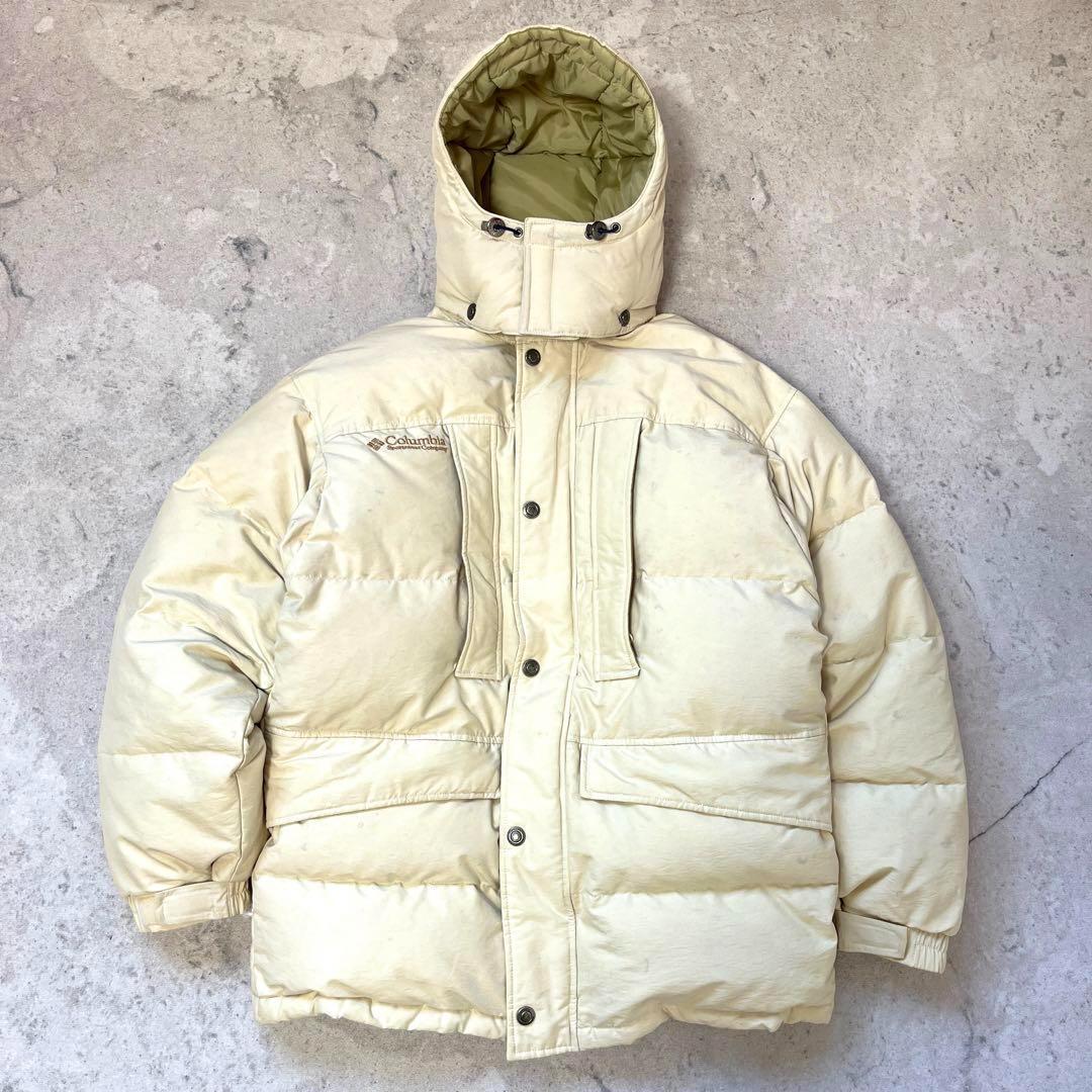 【90s コロンビア】サイズL オーバーサイズ パンパン コットンナイロン 刺繍ロゴ ダウンジャケット オフホワイト 白系 columbia拍卖