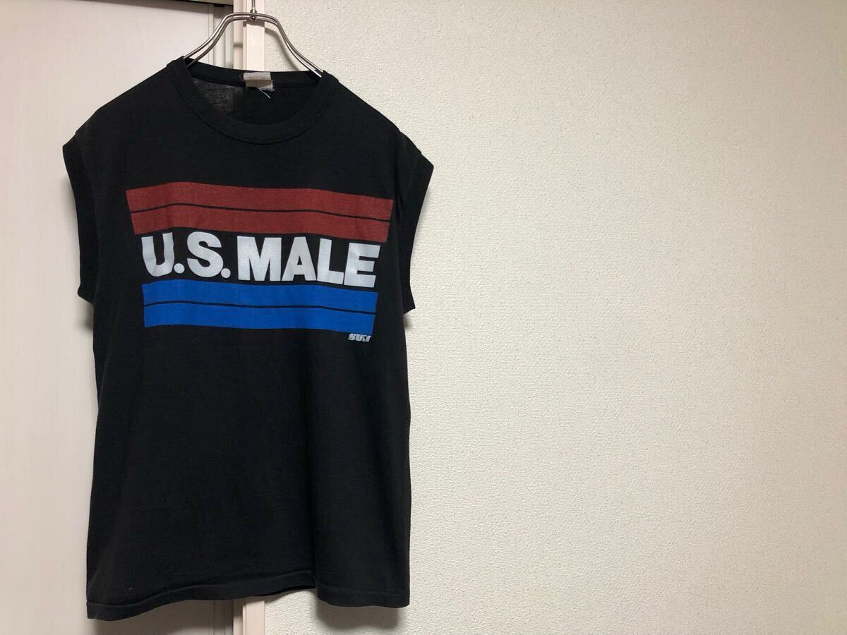 【送料込み】80sヴィンテージMADE IN USA アメリカ製ブラック黒ボディSUNSUNSUNプリントノースリーブTシャツsize L拍卖