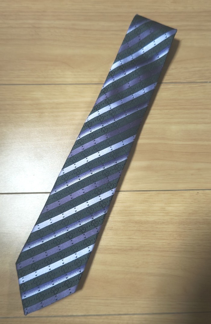 【未使用】 グッチ ネクタイ パープル ストライプ 幅8.3cm拍卖