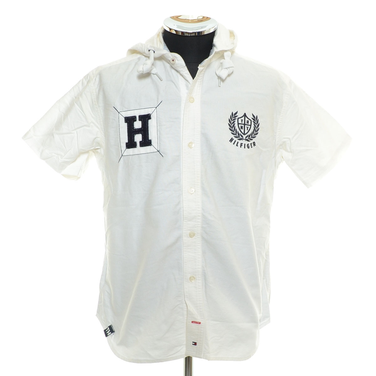 〇523202 TOMMY HILFIIGER トミーヒルフィガー ○半袖フードシャツ オックスフォード サイズS メンズ ホワイト拍卖