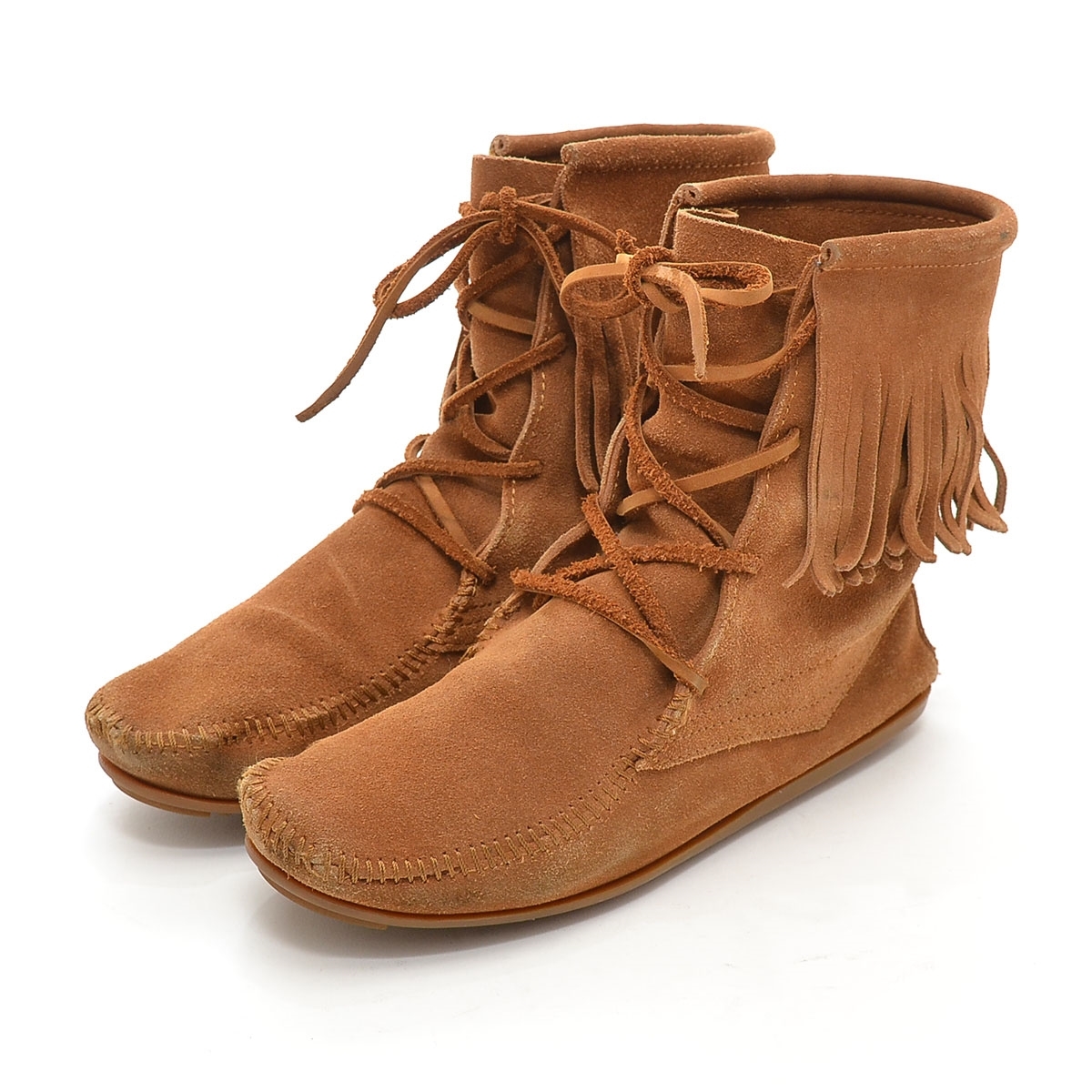 □386722 MINNETONKA MOCCASIN ミネトンカ ◯ショートブーツ フロントレース フリンジ 121200-003 24.0cm スウェード レディース ブラウン拍卖