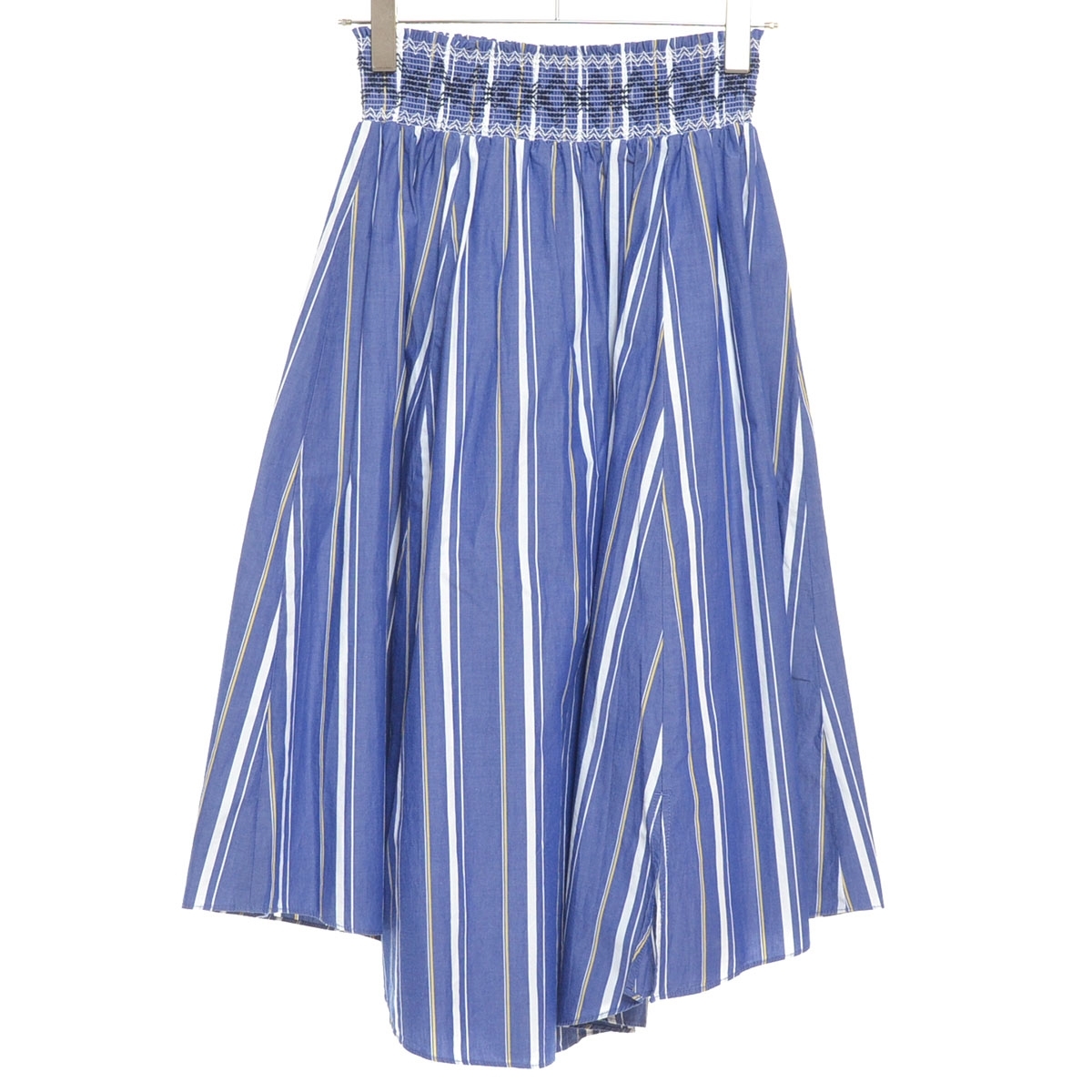 ■397122 SIMPLICITE シンプリシテェ B.C STOCK ベイクルーズ ●フレアスカート スモッキング スリット レディース ブルー ストライプ拍卖