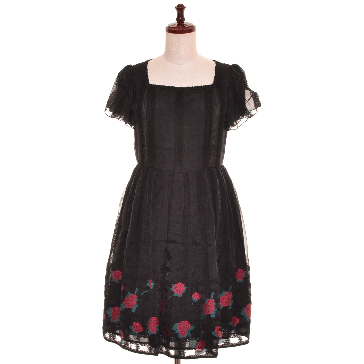 □464354 DOLLY GIRL BY ANNA SUI ドーリーガールバイアナスイ ■ミディワンピース 薔薇花柄刺繍ストライプツイード サイズ2 レディース拍卖