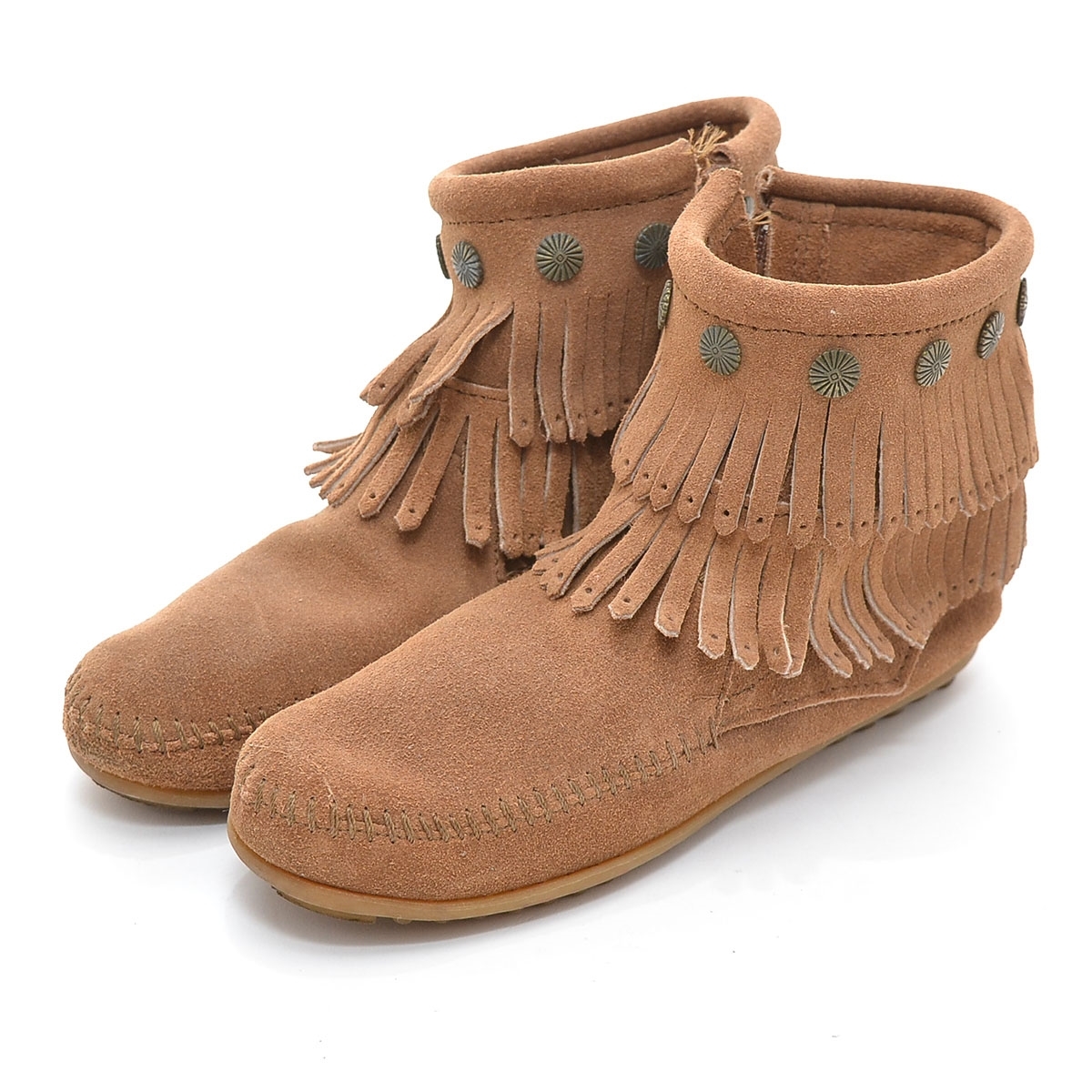 □388166 MINNETONKA MOCCASIN ミネトンカ ◯ショートブーツ ダブルフリンジ サイドジップ US5/22.0cm スウェードレザー ブラウン拍卖