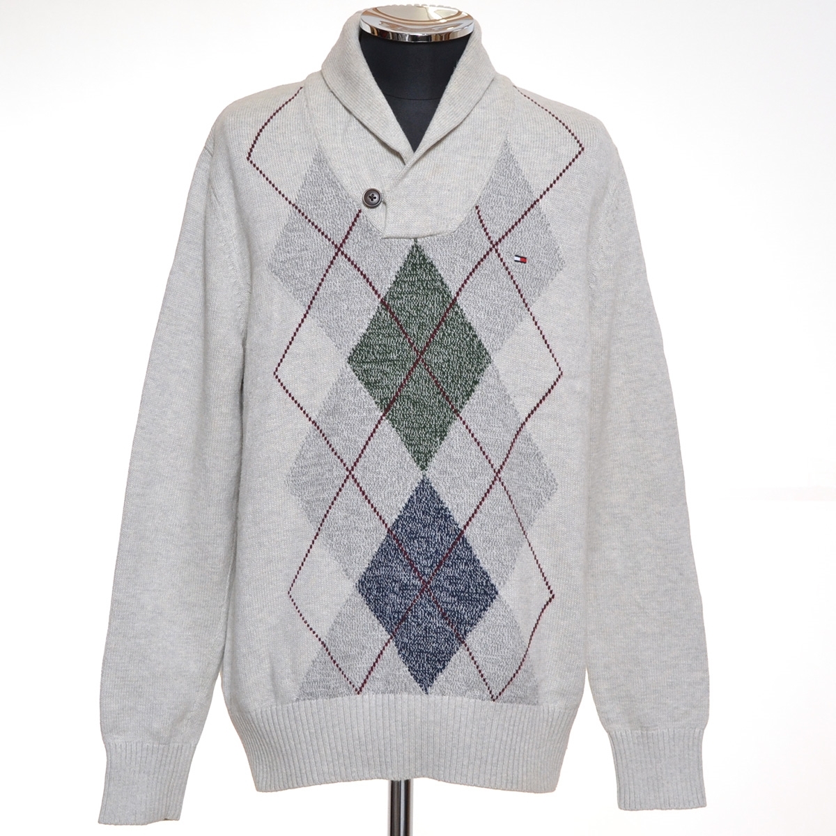 ●496601 TOMMY HILFIGER トミーヒルフィガー ●ショールカラーニット セーター アーガイルチェック サイズM メンズ オフホワイト拍卖