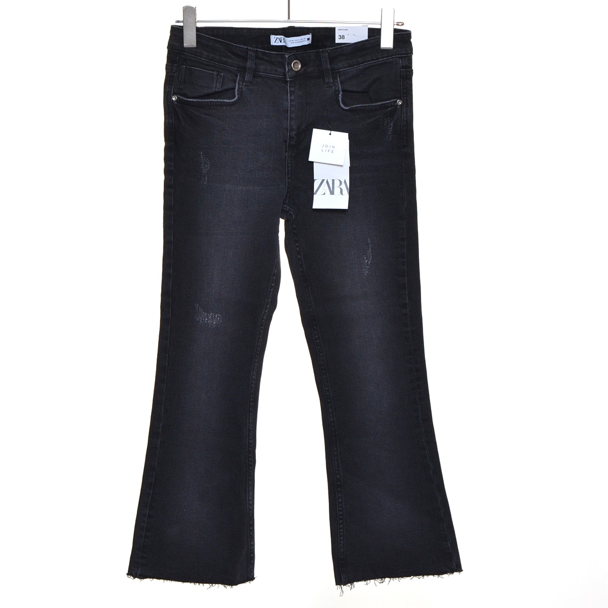 ■492087 未使用品 ZARA ザラ デニムパンツ ●ミニフレア カットオフ ミッドライズ ダメージジーンズ サイズ38 レディース チャコール拍卖